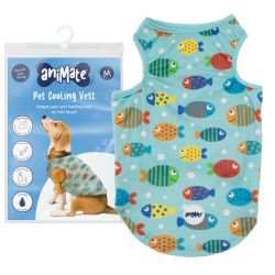 Animate Pet Cooling Vest with fish design for dogs, reduces body temperature in hot weather.