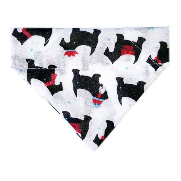 Scotty Dog Christmas bandana with black Scotty dogs on a white starry background.