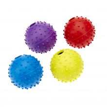 Classic rubber ball dog toy with bell in assorted colors (red, blue, purple, yellow), 60mm diameter.