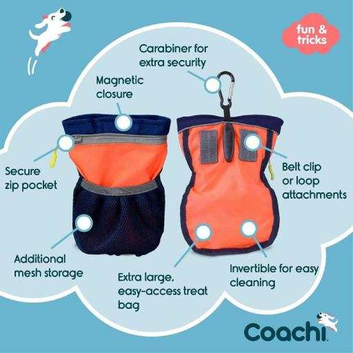 Coachi Pro Train & Treat Bag with secure zip pocket, carabiner, and additional mesh storage.