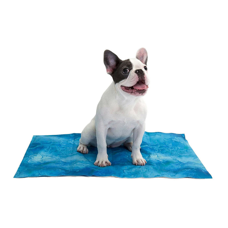 Coco Jojo Pet Cooling Mat with dog sitting on it for hot weather comfort.