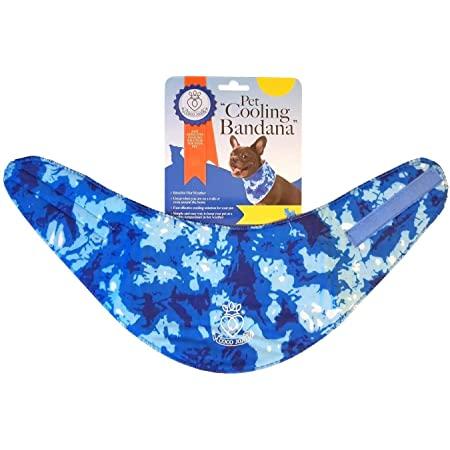 Coco JoJo Pet Cooling Bandana in blue pattern with packaging displayed.