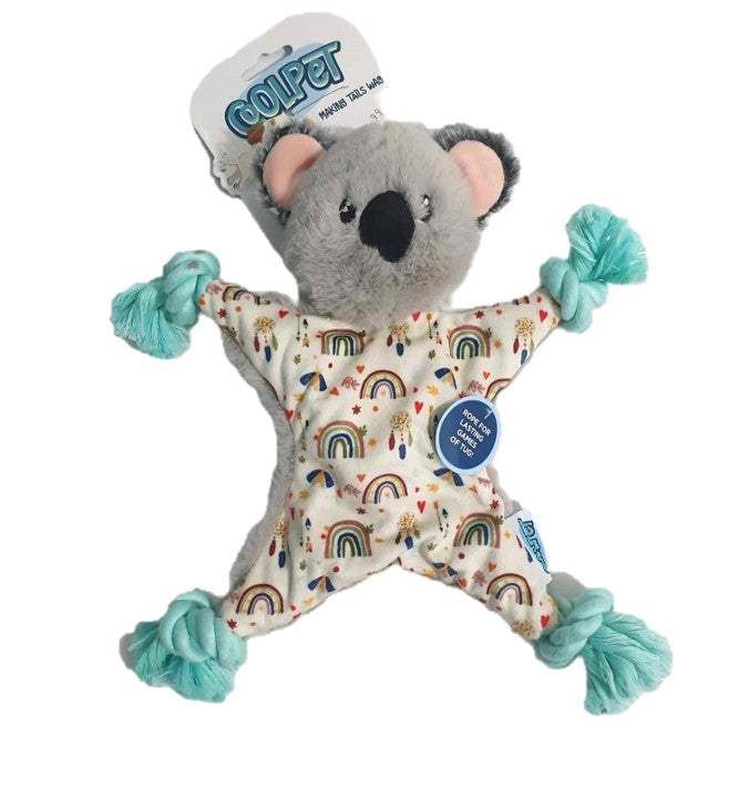 Coolpet Koala Rope Body toy with crinkle and squeak features, rope limbs, and colorful pattern.