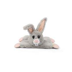 Cute gray bunny toy with paddle feet, designed for pets to chew and play, featuring crinkle and squeak elements.