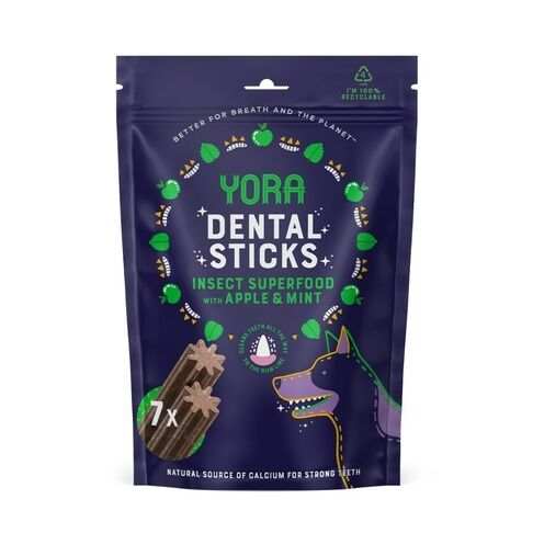 Yora Dental Sticks Insect Superfood packaging with apple and mint flavor.