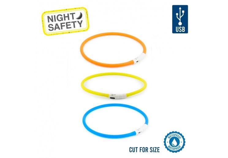 LED Flashing Collars for night safety, available in orange, yellow, and blue, USB chargeable, cut to fit.