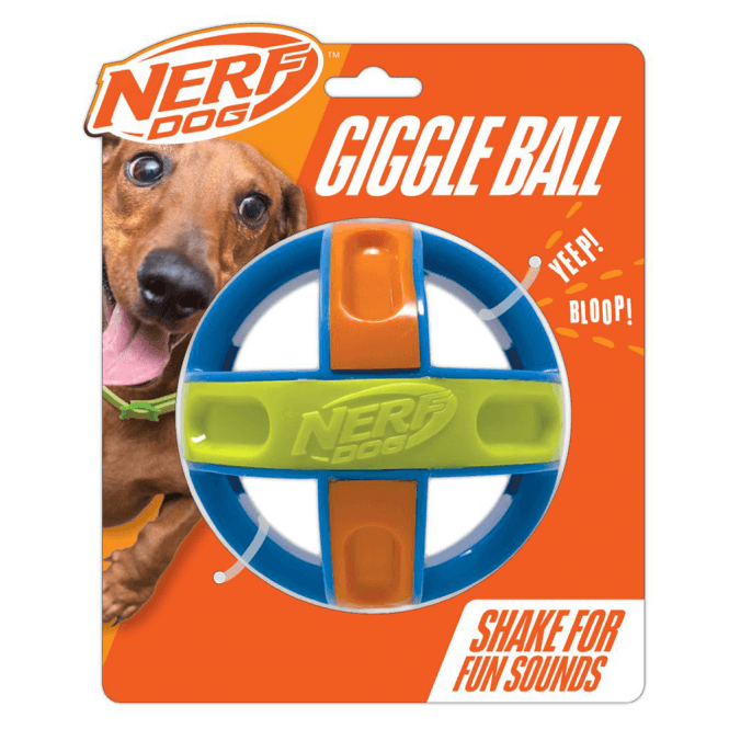 Nerf Dog Giggle Ball toy with colorful design and packaging featuring a playful dog.