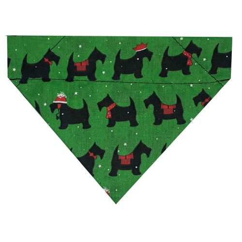 Scotty Dog Christmas bandana with black Scotty dogs on a green starry background.