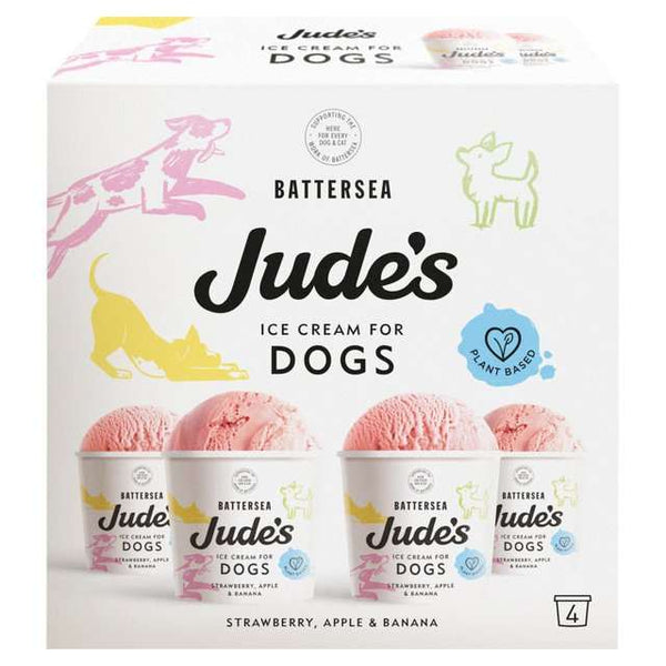 Jude's plant-based ice cream for dogs with strawberry, apple, and banana flavors.