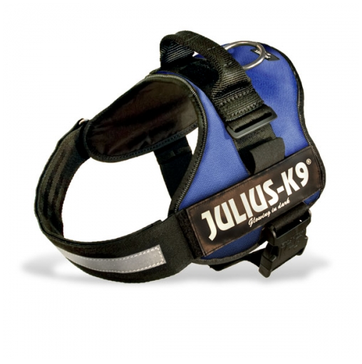 Blue JULIUS-K9® original dog harness with reflective stripe and adjustable strap for comfort and safety.