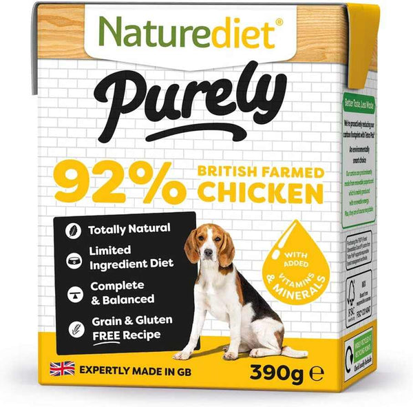 Naturediet Purely Chicken Dog Food, 92% chicken, limited ingredient, grain-free, 390g carton.