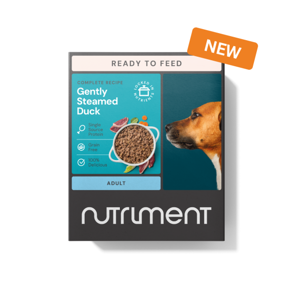 Nutriment Gently Steamed Duck Dog Food 395g packaging, convenient nutritious ready-to-feed meal for dogs.