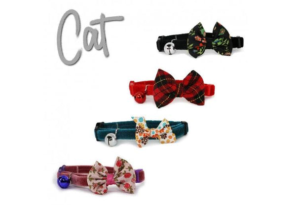 Ancol Plush Safety Cat Collar with patterned vintage bows in various colors.