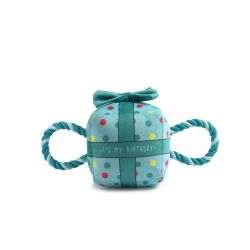 Ancol Pawty Time blue birthday present dog toy with polka dots and rope handles.