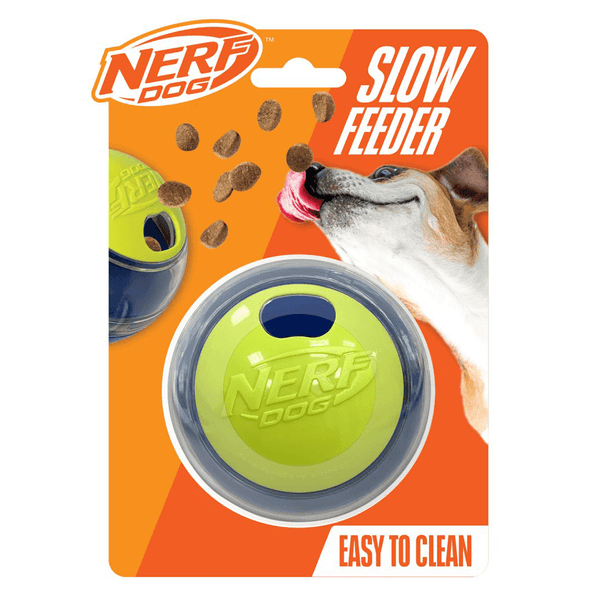 Nerf Dog Puzzler Slow Feeder 3.5'' interactive toy in packaging with dog and treats.