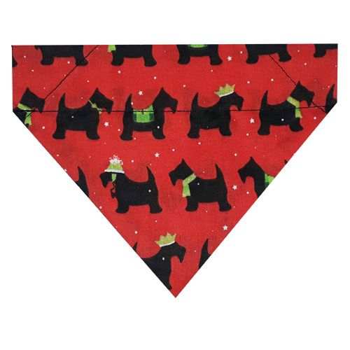 Scotty Dog Christmas bandana with black Scotty dogs on a red starry background for dogs.