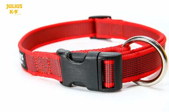 Julius K9 Colour & Gray® Comfort Dog Collars, durable red polyester webbing, secure buckle, weatherproof.