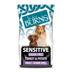 Burns Sensitive Grain Free Turkey & Potato Dog Food for Adult/Senior Dogs in packaging.