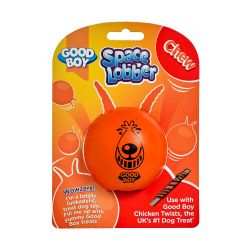 Good Boy Space Lobber Chew Treat Ball Dog Toy in packaging, orange rubber ball with a cartoon face.