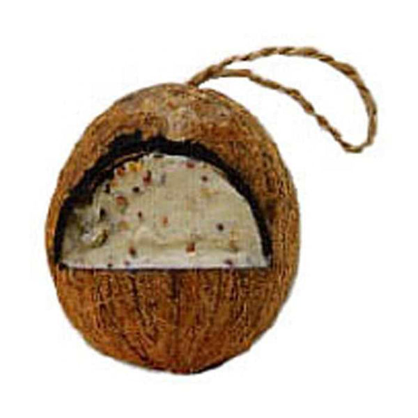 Coconut wild bird feeder filled with suet and seeds, ready to hang.