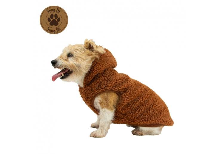 Dog wearing Ancol Teddy Sherpa Hoody in brown, featuring cozy fleece and harness hole.