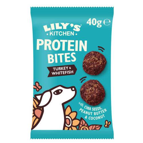 Kitchen Turkey & Whitefish Protein Bites packaging with dog illustration and ingredients.