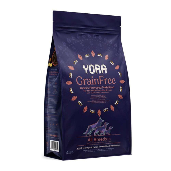 YORA Grain-Free Insect Dog Food packaging, sustainable superfood for dogs with sensitivities.