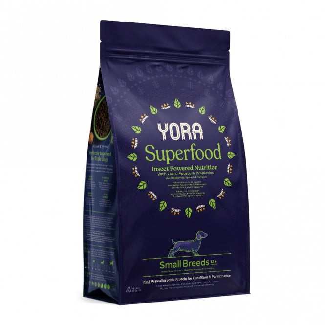 YORA Superfood Insect Nutrition for Small Dogs aged 12 months and up, sustainable insect protein dog food packaging.