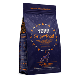 YORA Superfood Large Breed Dog Food, insect-based and hypoallergenic, in packaging.