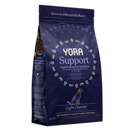 YORA Support Insect Protein Senior/Light Dog Food packaging with kibble illustration.