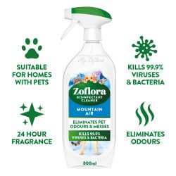 Zoflora Pet Disinfectant Spray Mountain Air 800ml, suitable for homes with pets, kills 99.9% viruses and bacteria, eliminates odours, 24-hour fragrance.