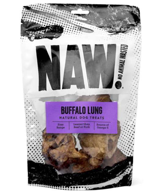 Buffalo Lung Natural Dog Treats 130g resealable bag with air-dried, hormone-free buffalo chews.