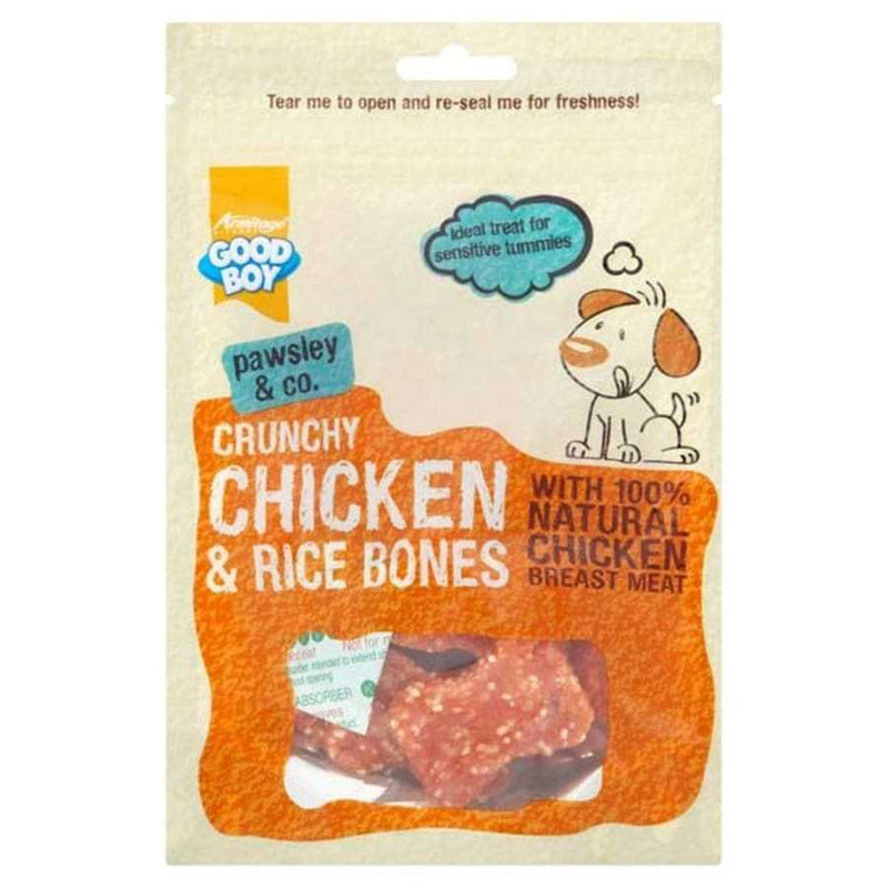 Good Boy Chicken & Rice Bones Dog Treats in resealable bag with natural ingredients for dental health.