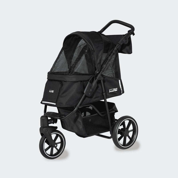 Innopet Premium Cozy Dog Stroller in Black with storage basket and swivel wheels.