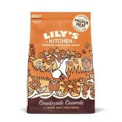 Lily's Kitchen Countryside Casserole Dog Food packaging with chicken, duck, and sweet potato.