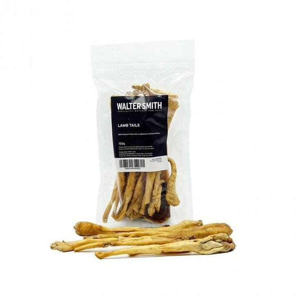 Walter Smith Lamb Tails Dog Treats - 150g package of natural dog snacks.